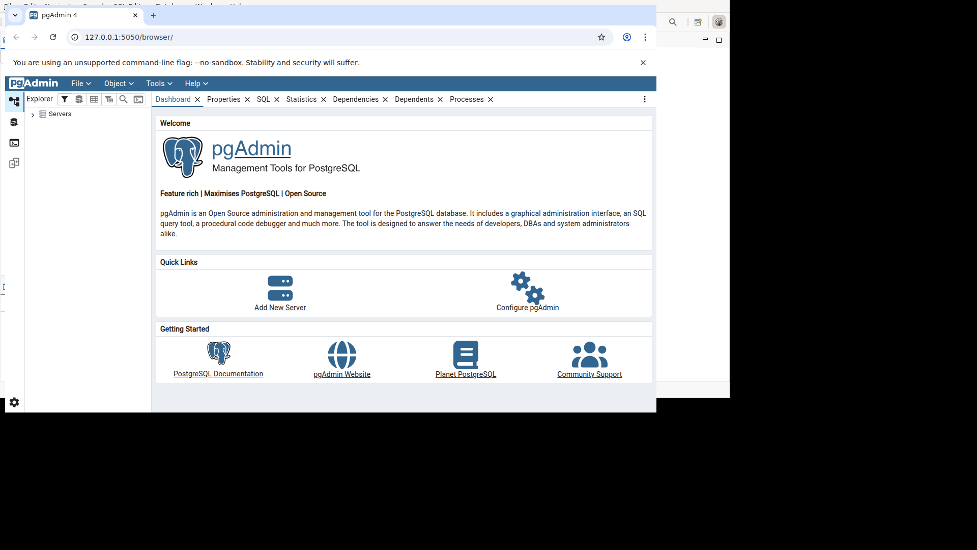 pgAdmin 4 running in Chromium on Ubuntu 24.04, dashboard with Quick Links