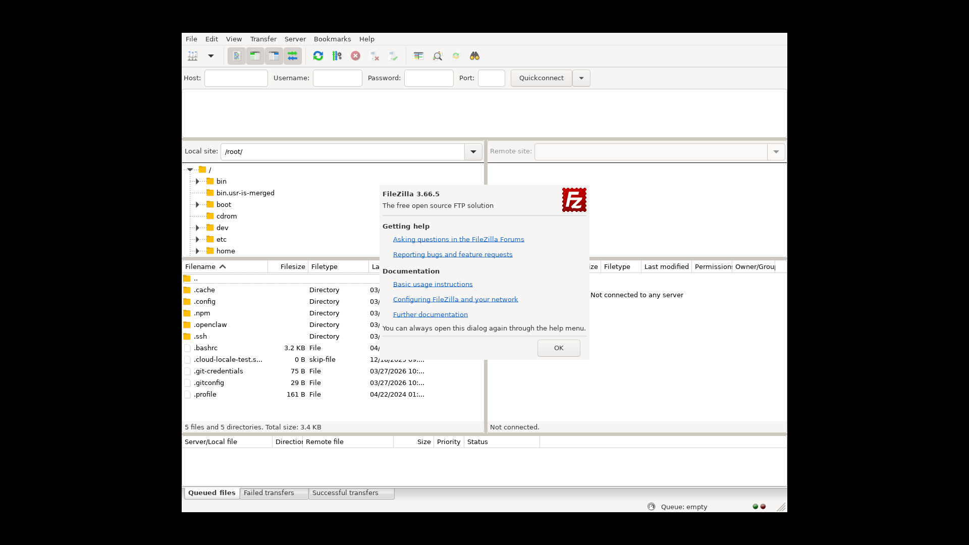 FileZilla running on Hetzner CAX21 with default theme