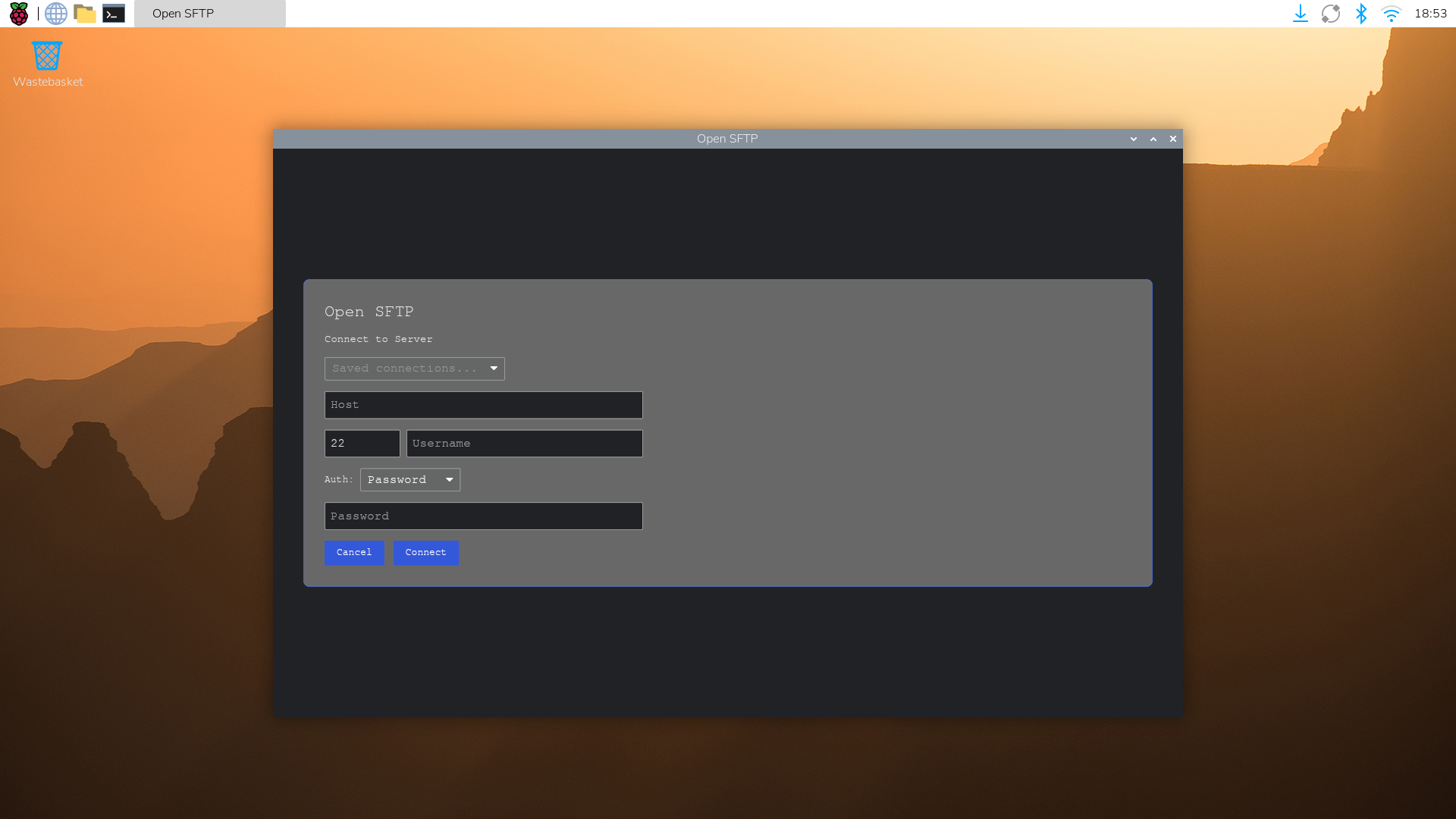 Open SFTP connection dialog with SSH authentication options